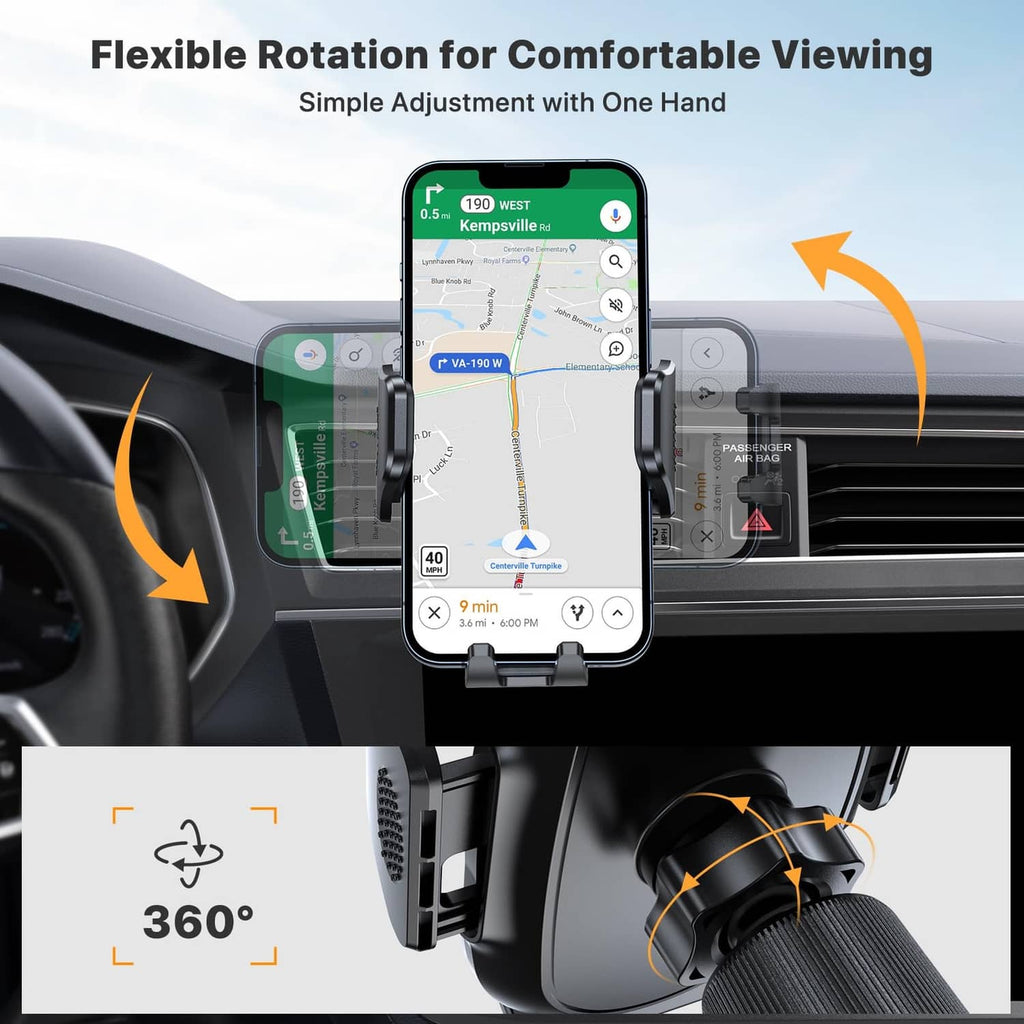 Car phone holder with 360° rotating mount for comfortable viewing from the driver seat