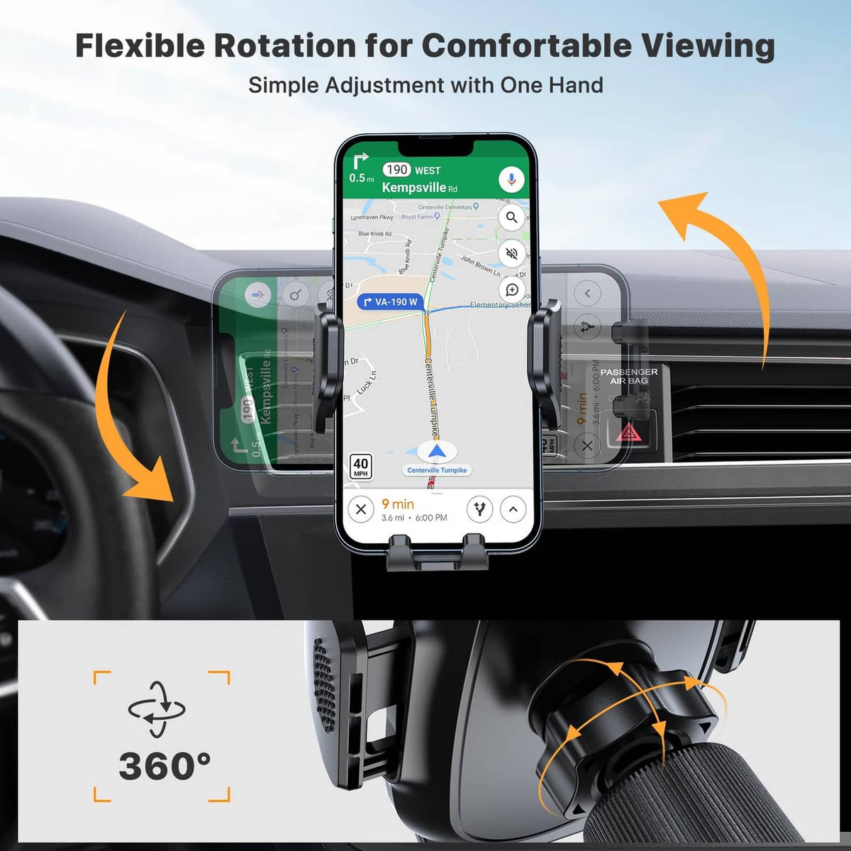 Car phone holder with 360° rotating mount for comfortable viewing from the driver seat