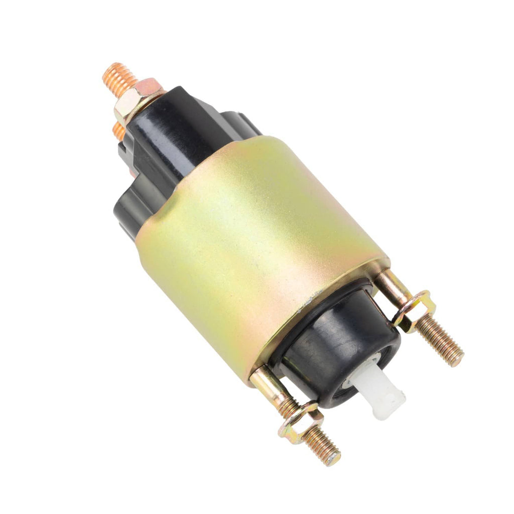 Starter solenoid relay switch, angled view with gold cylinder and black end cap