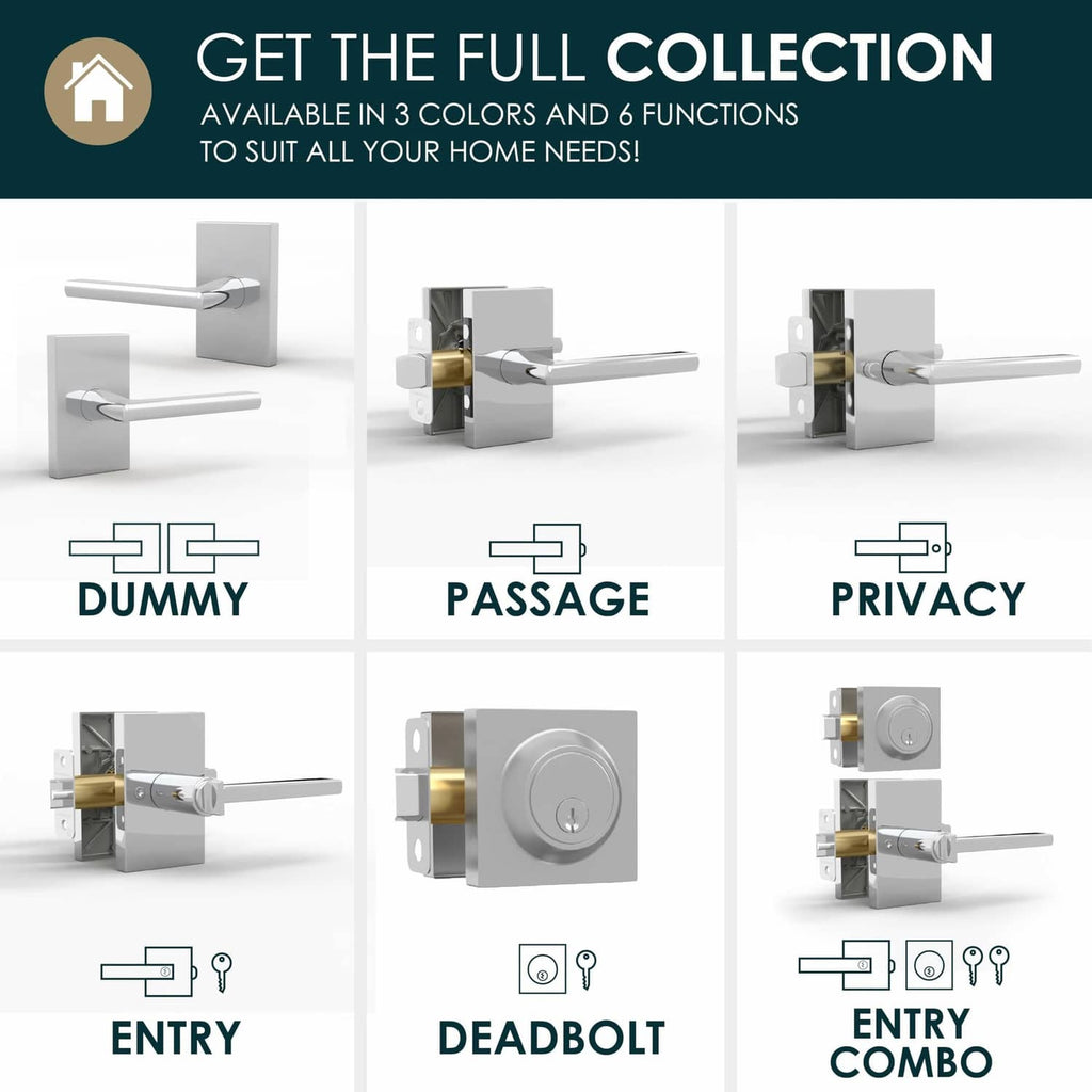 Door lever lock handle set showing entry, passage, and privacy options