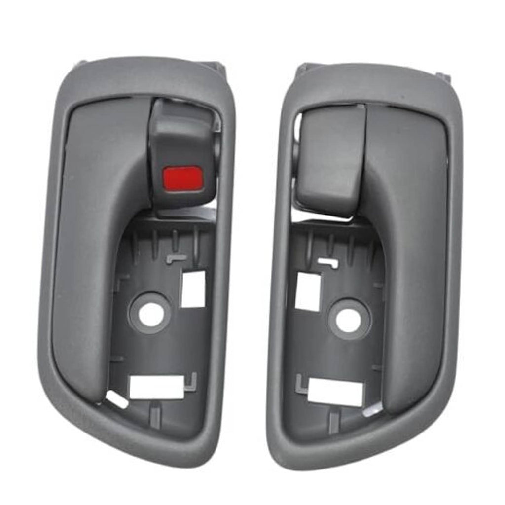 Pair of gray interior door handles with red switch panel, front view