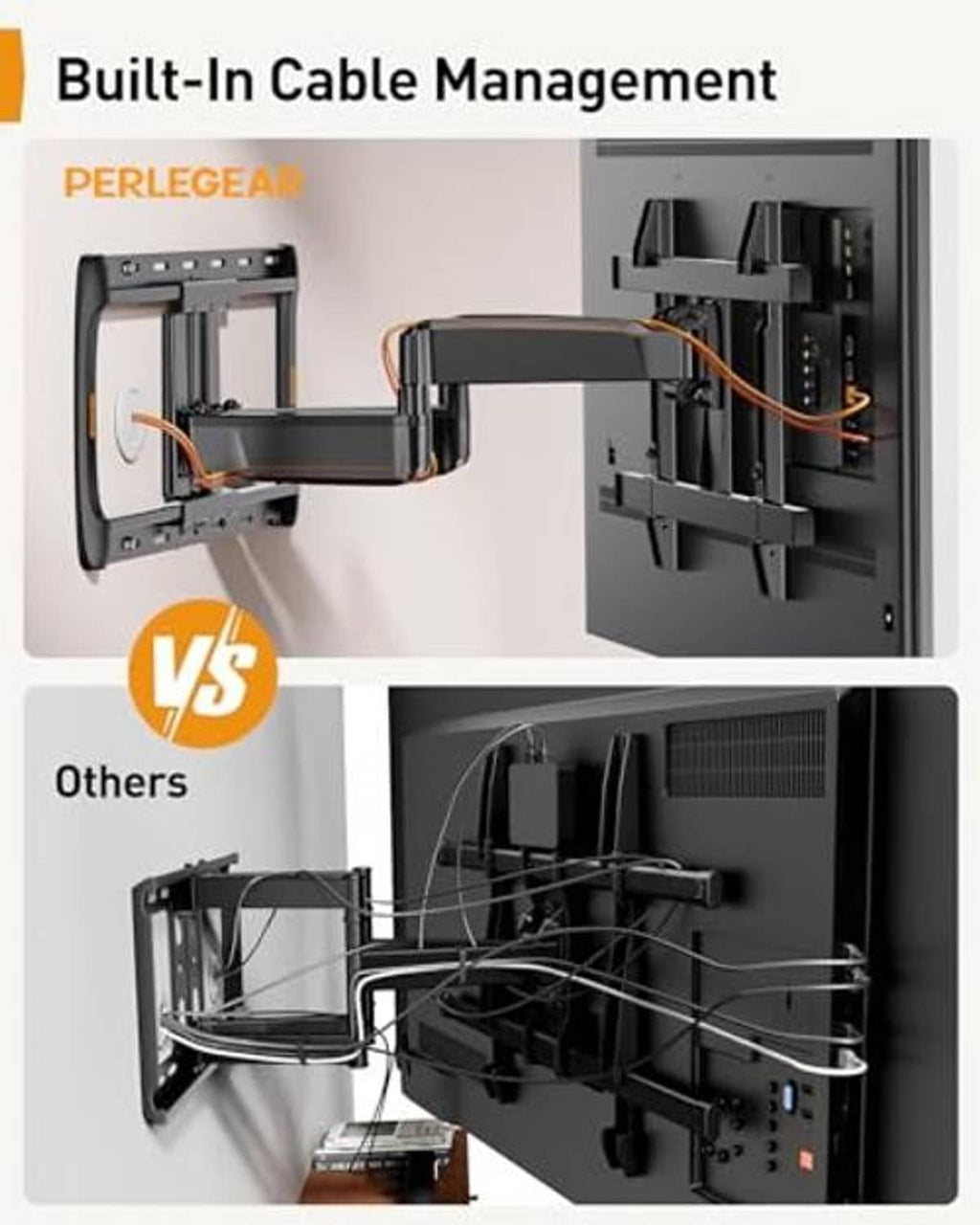 TV wall mount with built-in cable management channel and routed cable path
