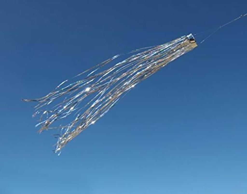 Silver holographic mylar windsock with long flowing metallic tail streamers