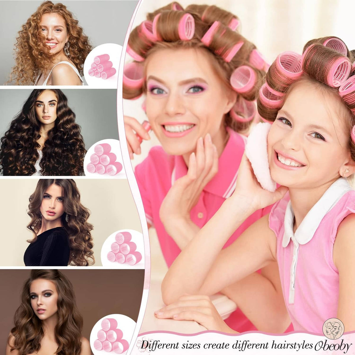 Pink self-grip hair rollers on girls' hair for curled hairstyles
