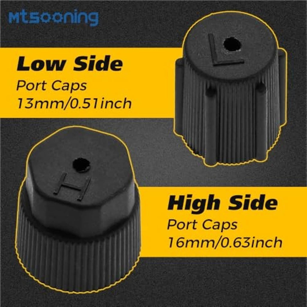 Pair of black A/C port caps with central openings for high- and low-side connectors