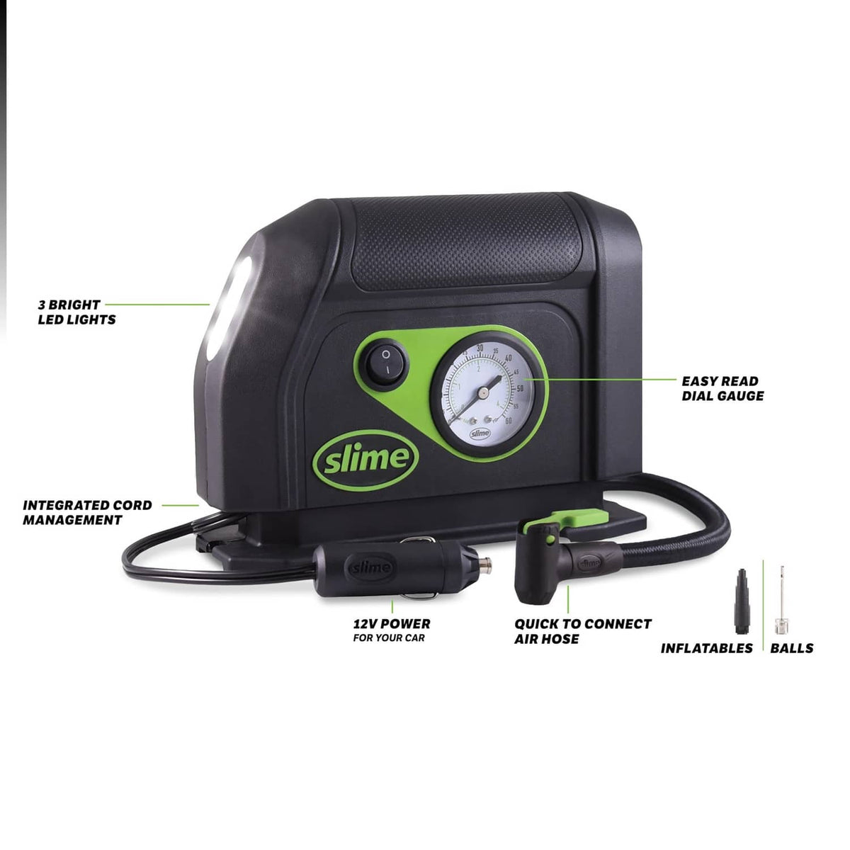 Tire inflator diagram showing analog gauge, LED lights, and quick-connect hose
