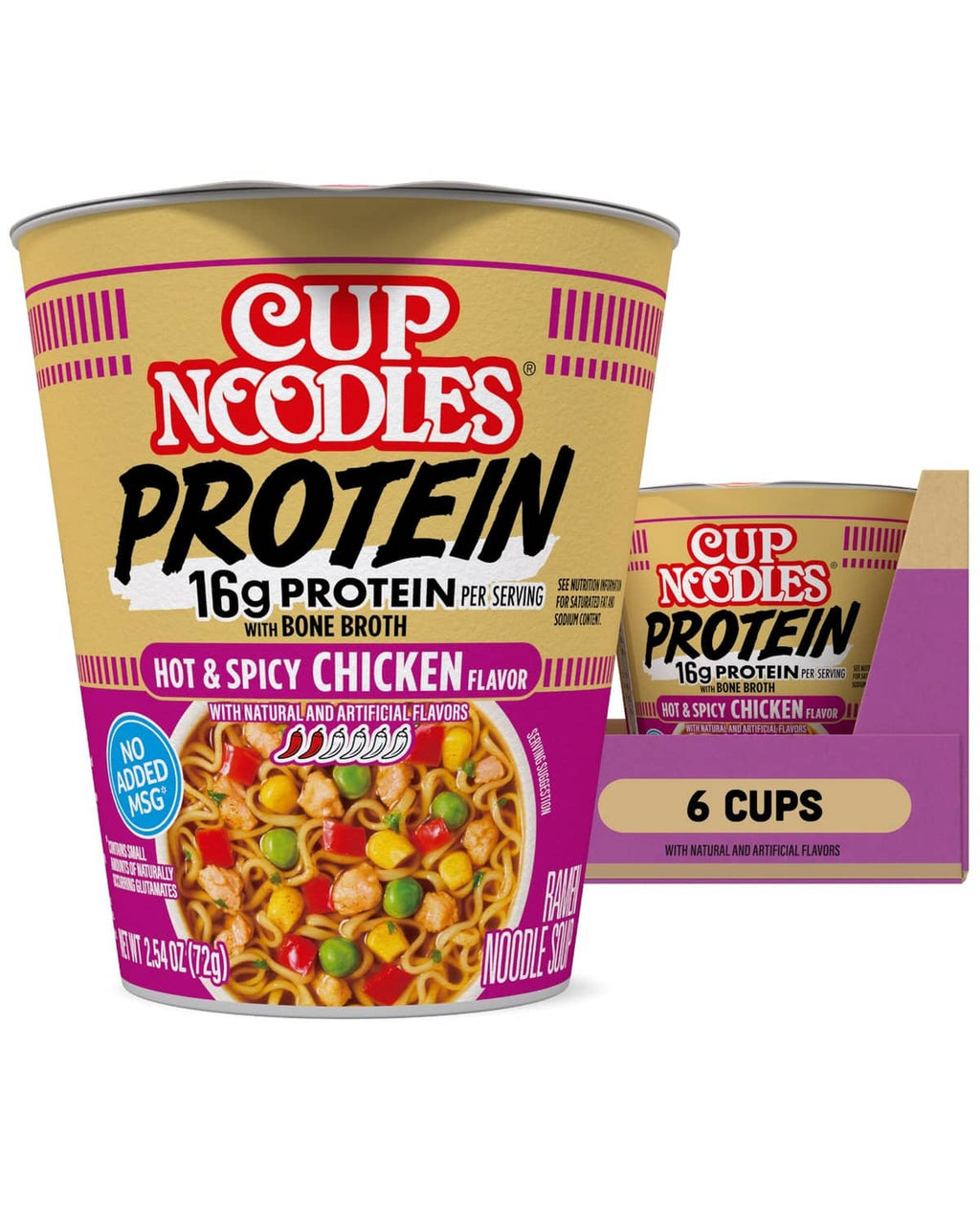Cup Noodles Protein hot & spicy chicken ramen cup with 16g protein label