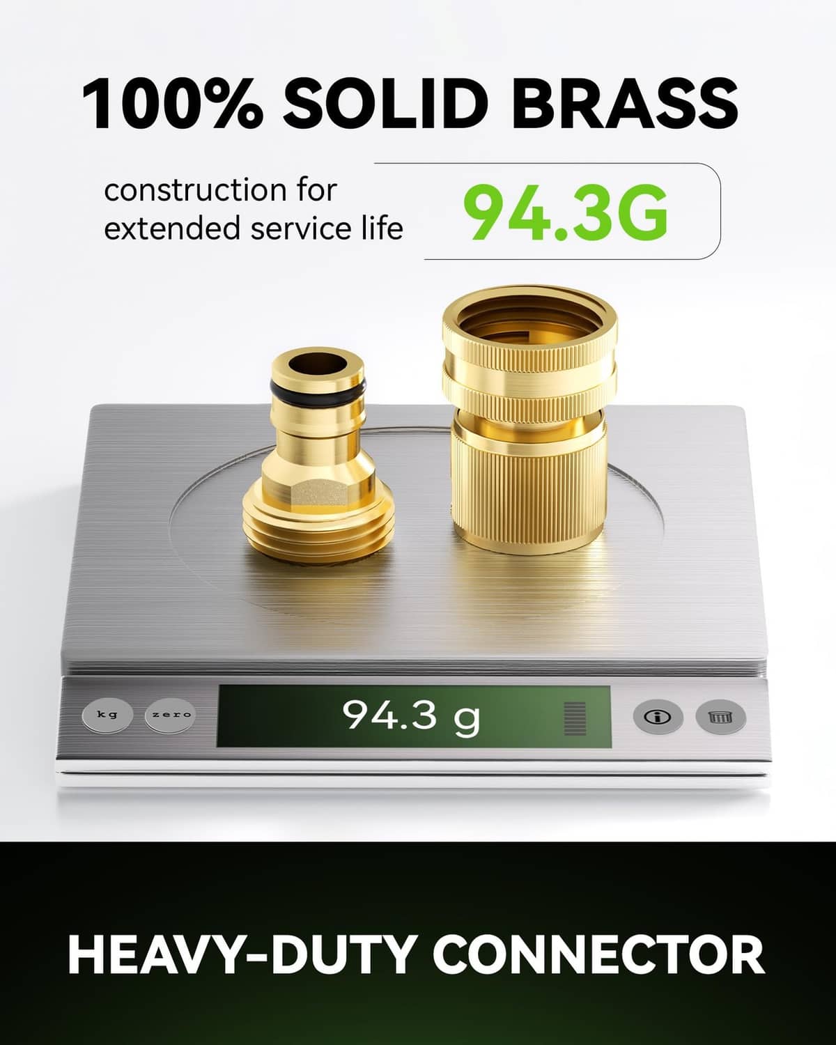 Solid brass 3/4 inch hose connector fitting shown beside a digital kitchen scale