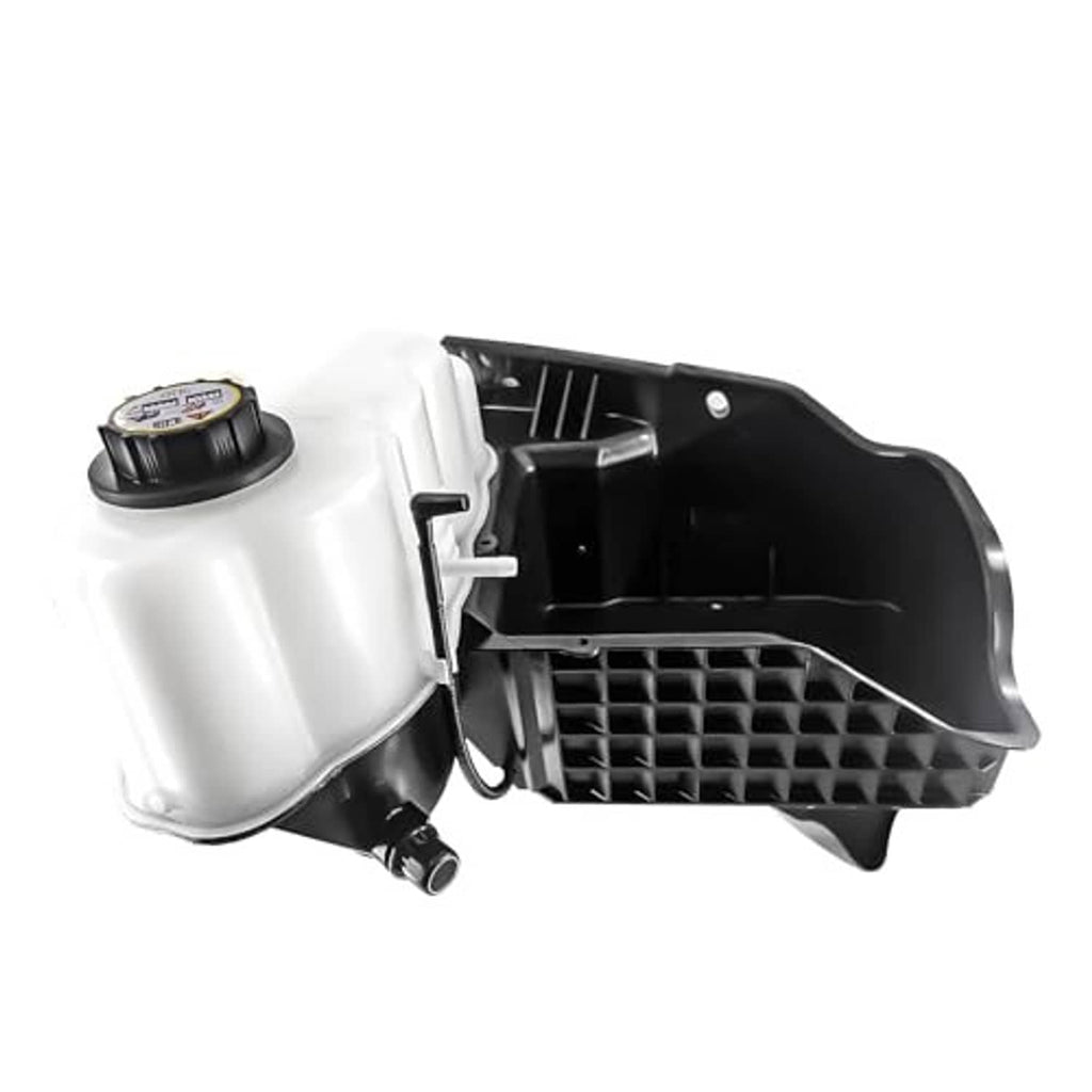 Engine coolant overflow recovery reservoir tank with cap, white reservoir and black vented housing