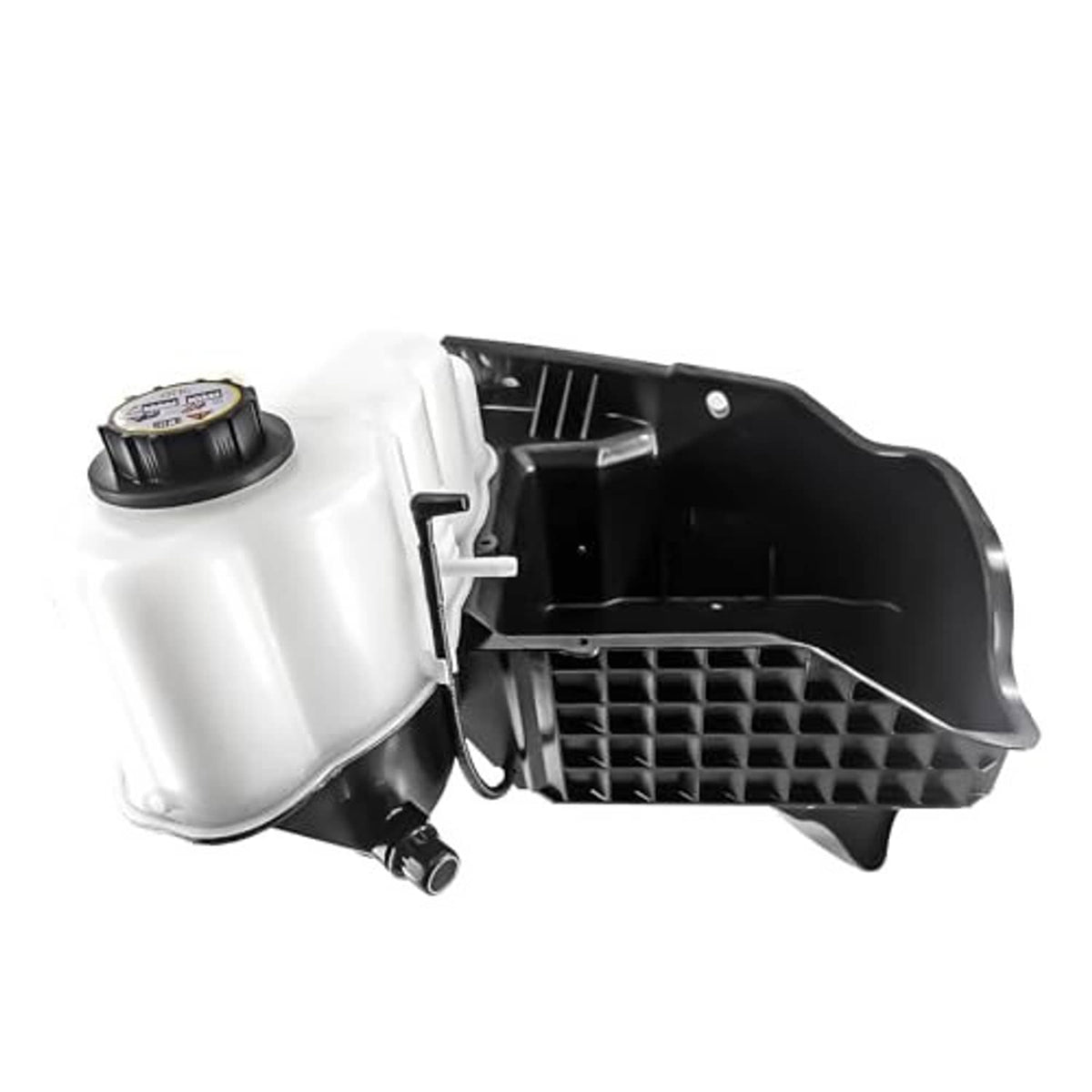 Engine coolant overflow recovery reservoir tank with cap, white reservoir and black vented housing