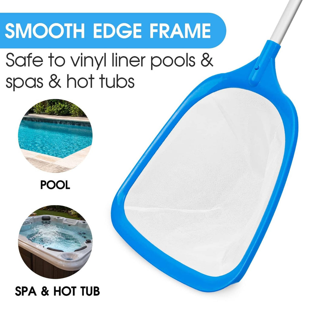 Blue pool skimmer net with white mesh bag and smooth-edged frame
