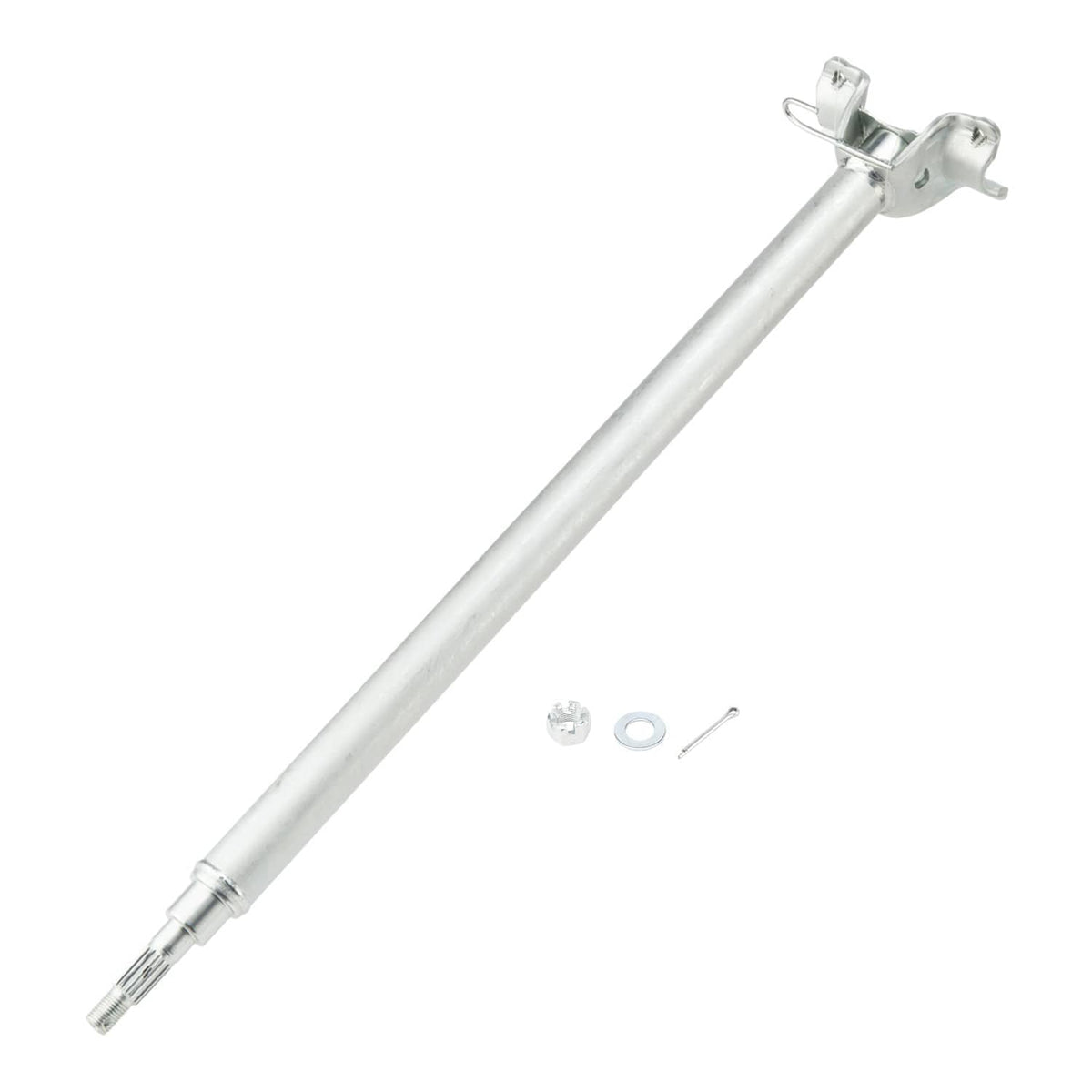 Steering stem shaft with top clamp bracket; metal tube and small hardware pieces