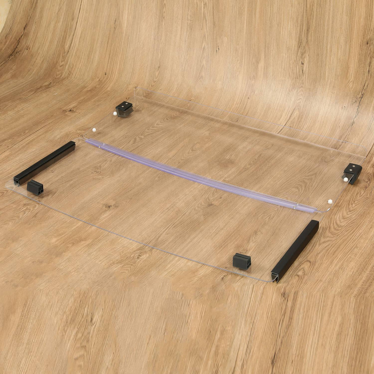 Clear windshield panel and black mounting frame with inline fasteners