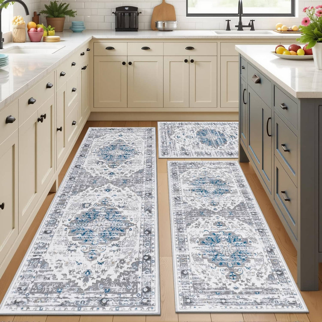 Boho kitchen rug set with grey and blue distressed medallion patterns, rectangular