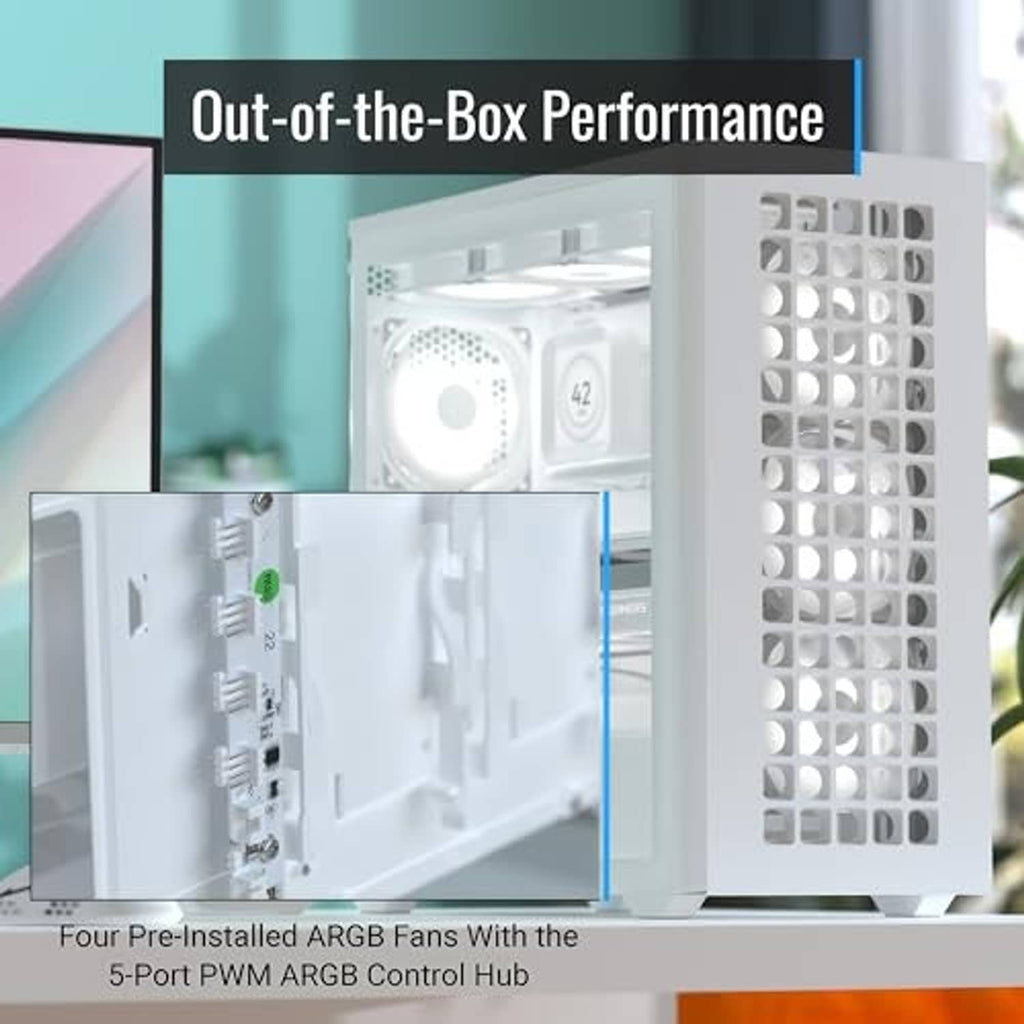 White mid-tower PC case with mesh front and open interior, showing pre-installed RGB fan area