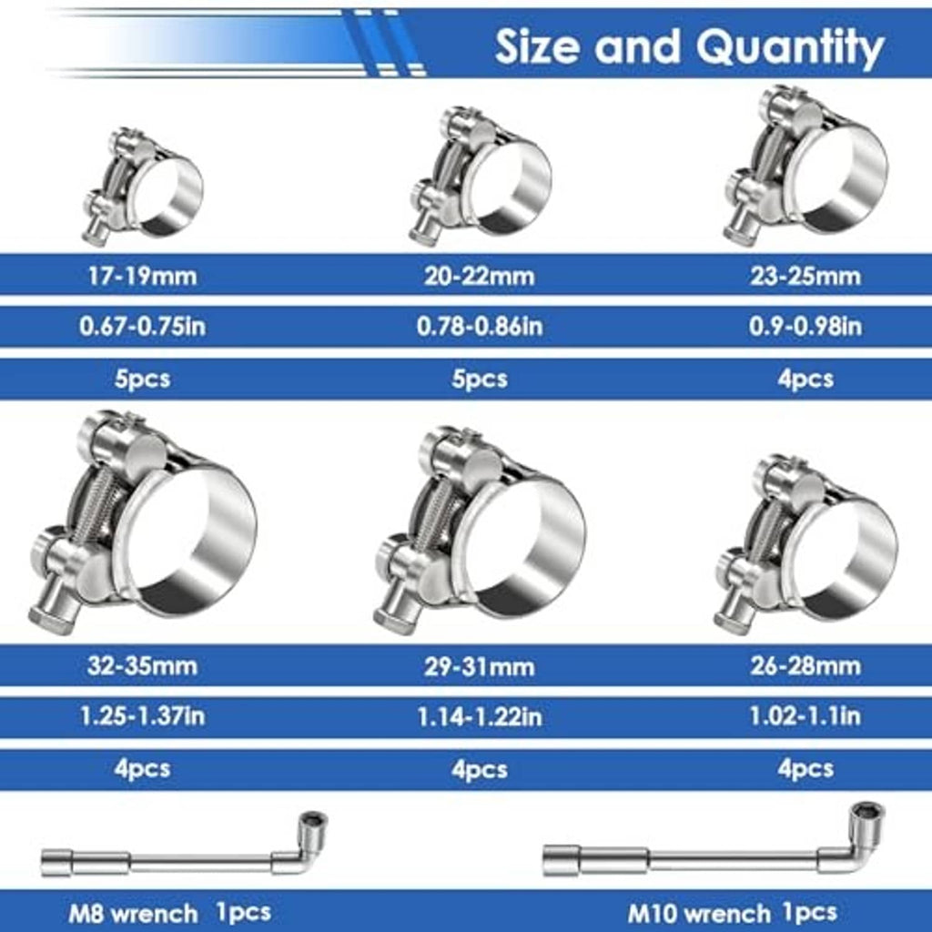 T-bolt hose clamp size chart showing multiple clamp sizes and quantities