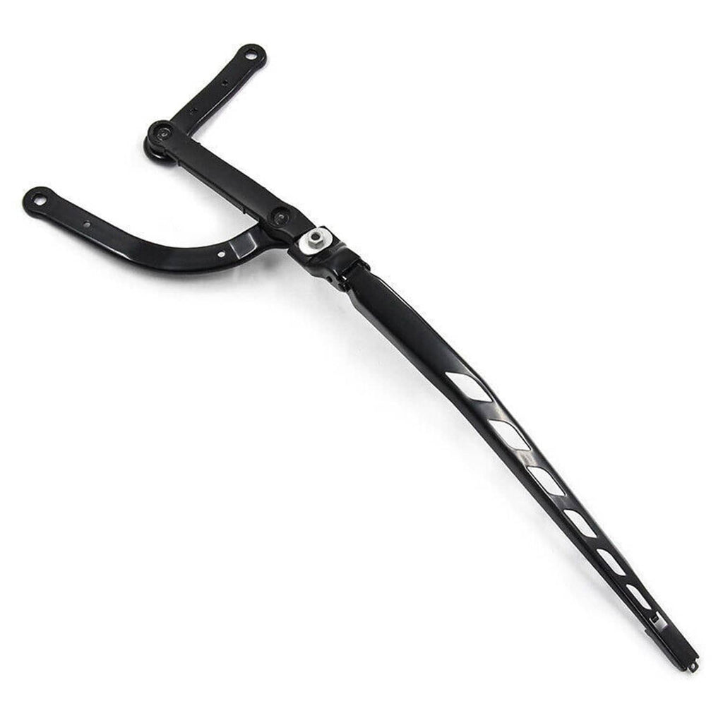 Black windshield wiper arm with pivot and curved support, angled view
