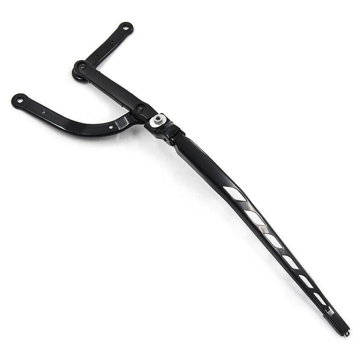 Black windshield wiper arm with pivot and curved support, angled view