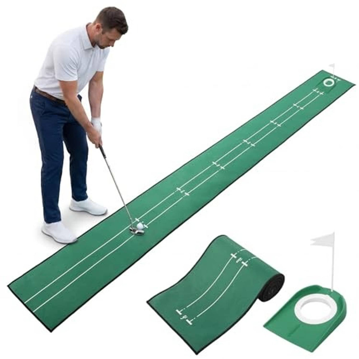 Green golf putting mat with alignment lines, flag cup, and rolled practice insert
