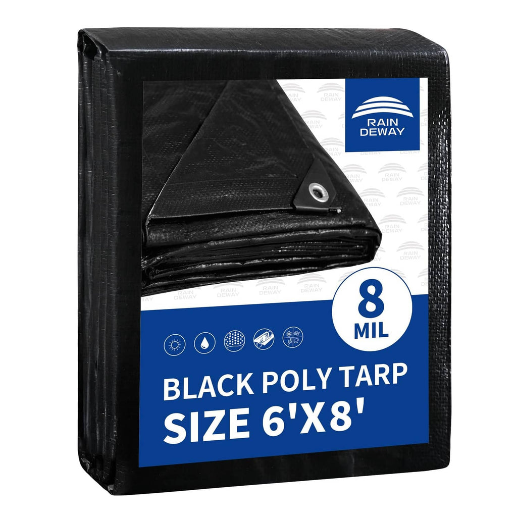 Black poly tarp bundle, 6x8 ft size, 8 mil thickness (packaging view)