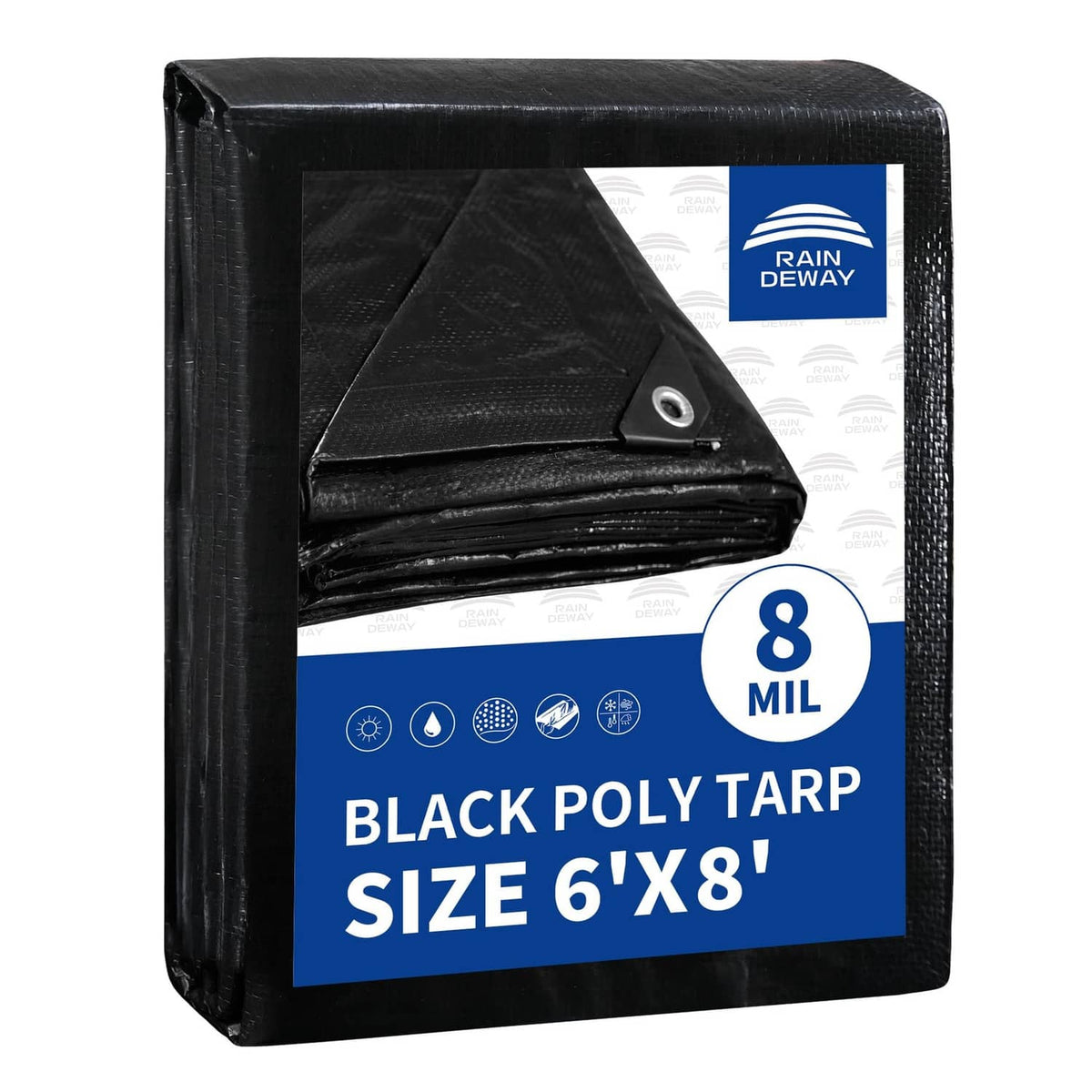 Black poly tarp bundle, 6x8 ft size, 8 mil thickness (packaging view)