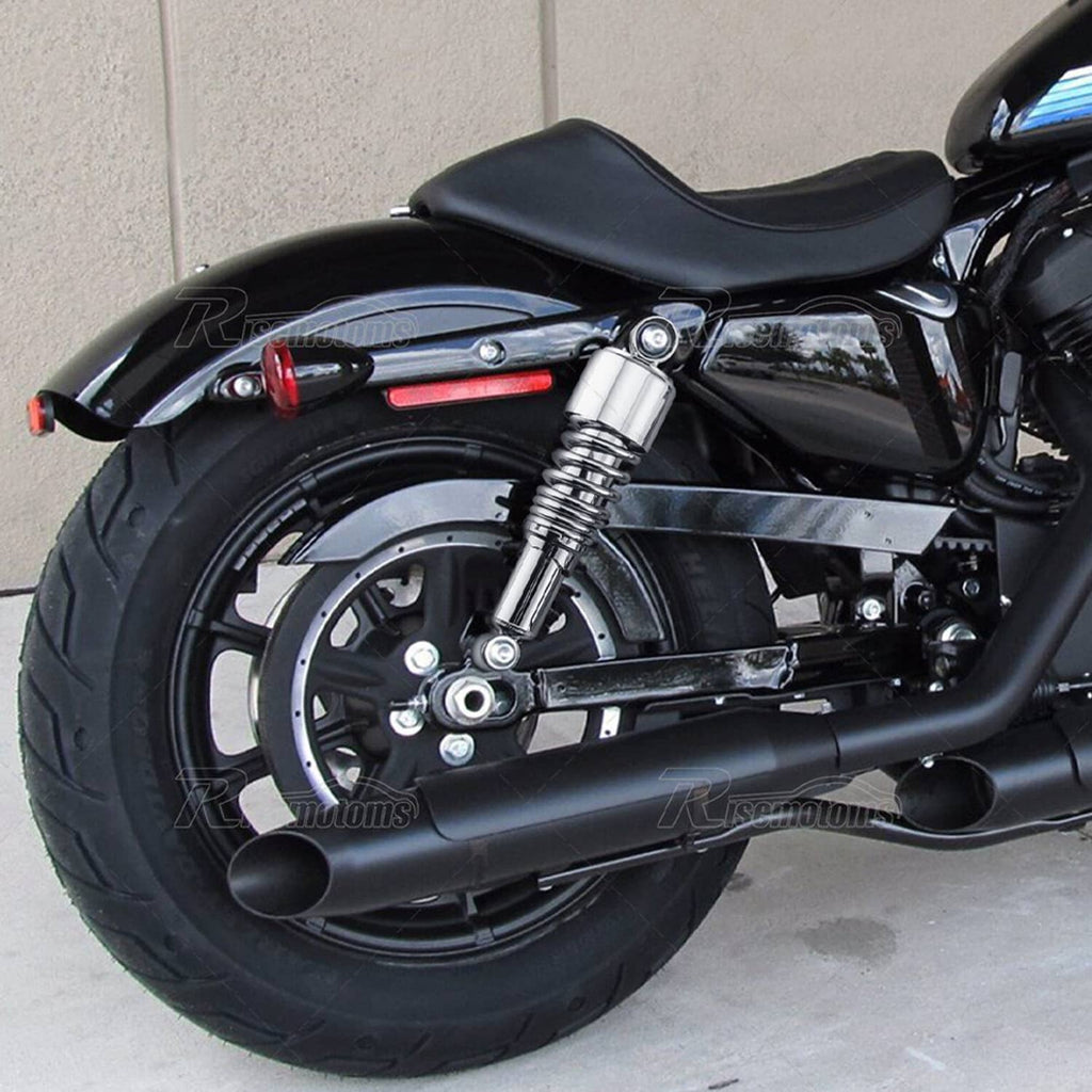 Rear motorcycle wheel with chrome shock absorber and coiled spring