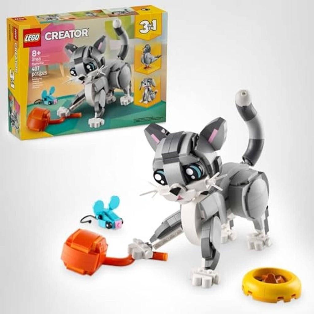 LEGO Creator 3-in-1 playful cat toy set with boxed package and built grey cat
