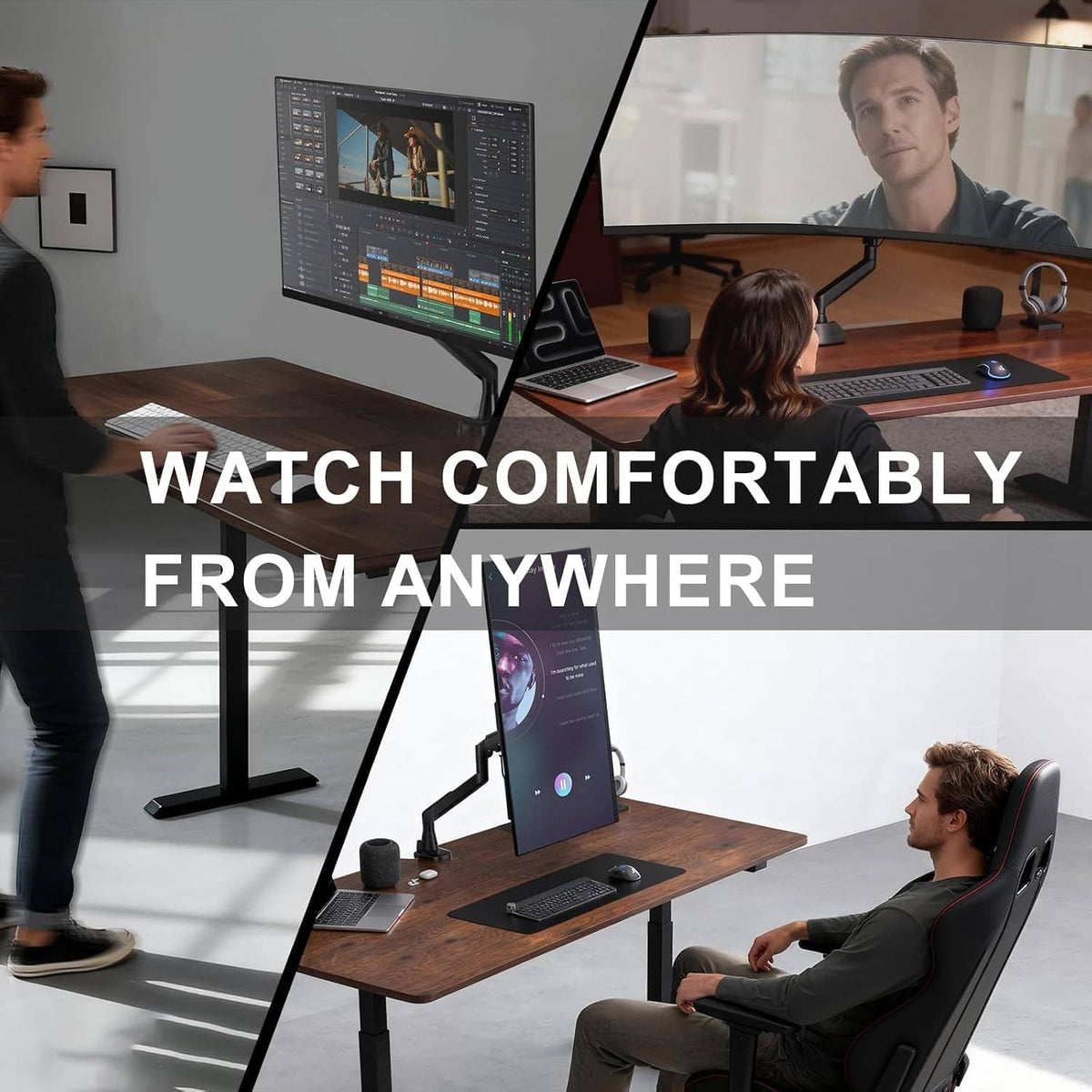 Black monitor arm holding ultrawide display over a desk for comfortable viewing