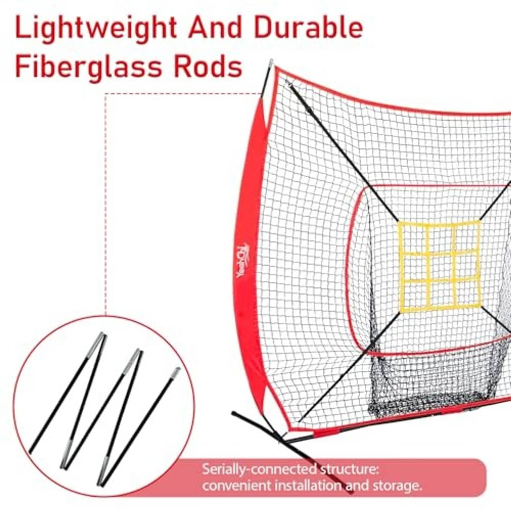 Baseball training net corner with black fiberglass rods and red-and-white net frame