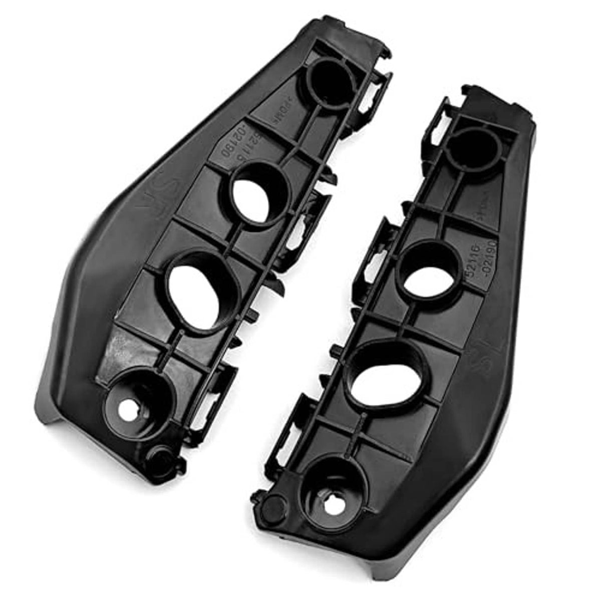 Black front bumper bracket pair, angled view, molded plastic with circular holes