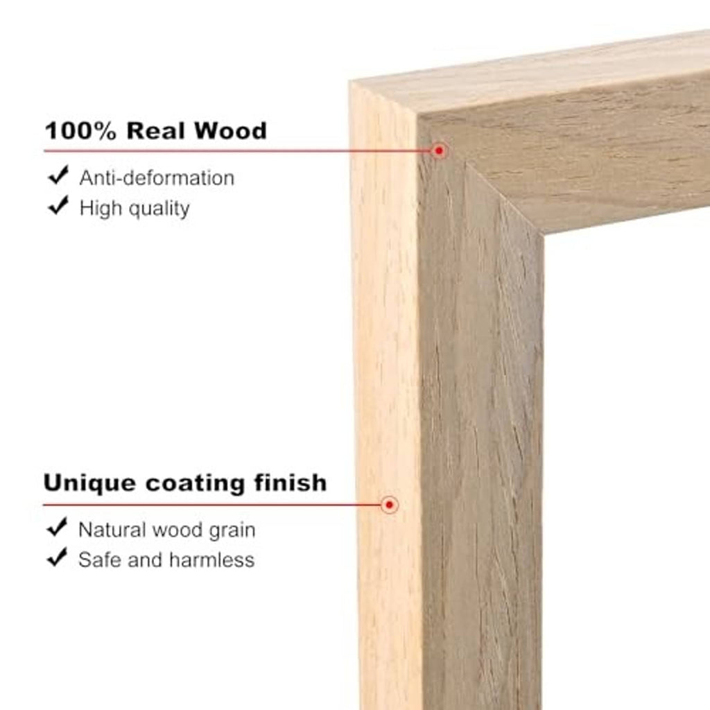 Natural wood square picture frame close-up showing light grain and corner edge detail