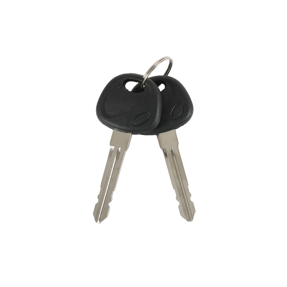 Two black ignition keys with metal blades on keyring