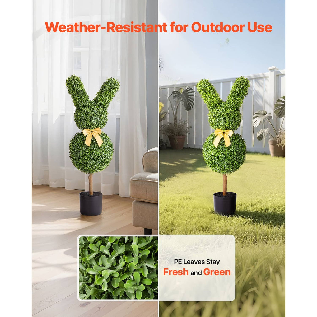 Artificial bunny-shaped boxwood topiary pair with yellow bows, in black pots.