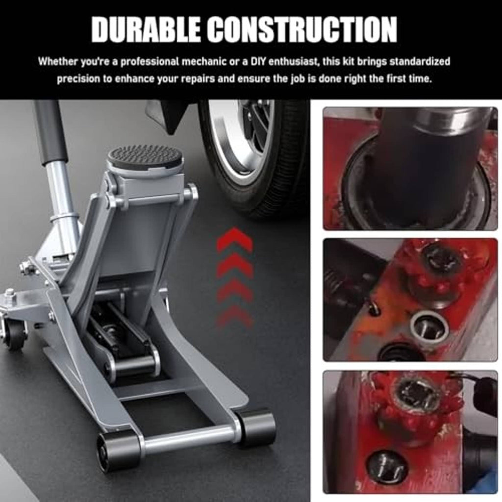 Hydraulic floor jack with close-up views of valve, housing, and seal parts