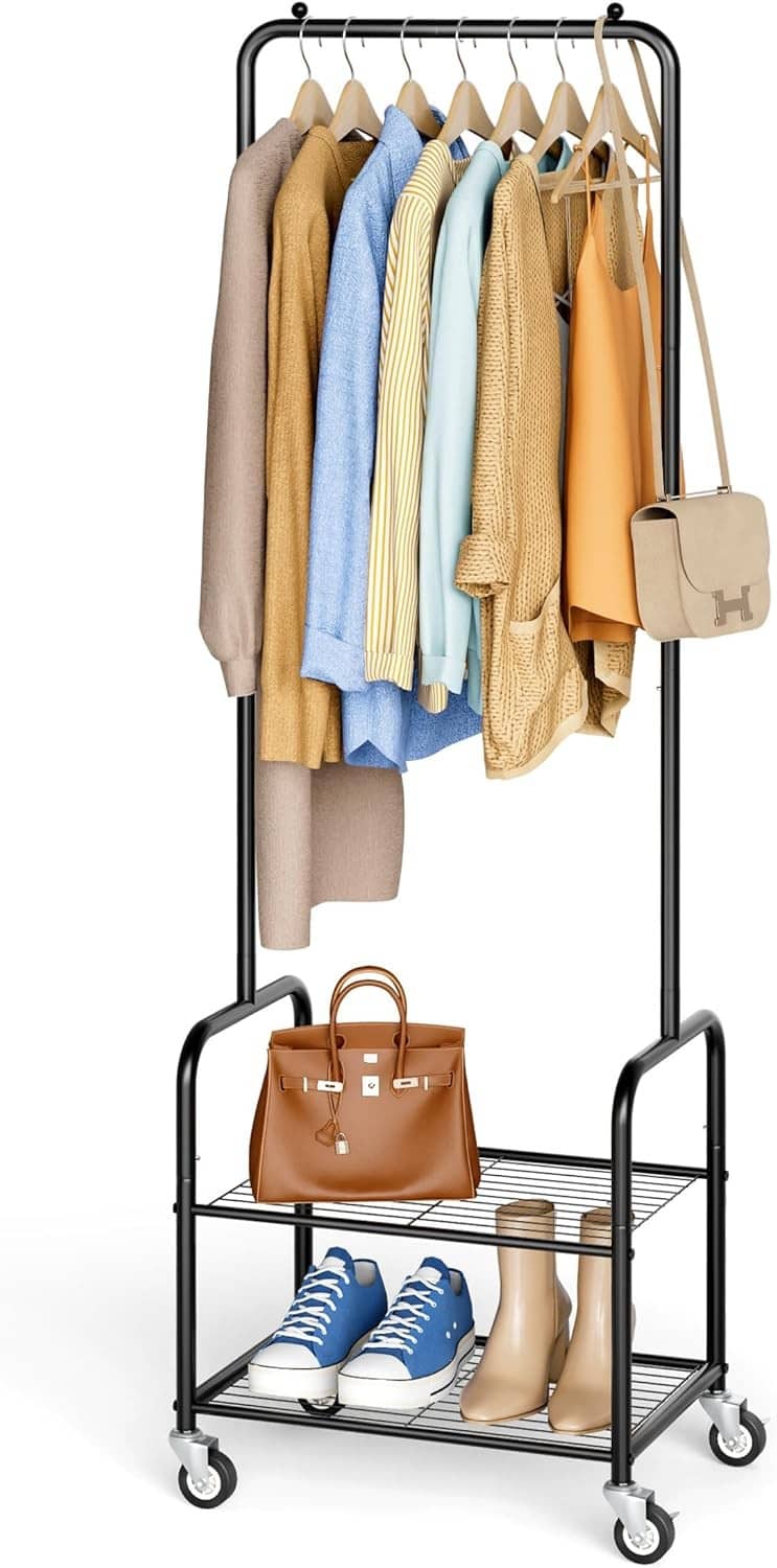 RivetOak AOODA Small Clothes Rack with Shelves, Metal Sturdy Rolling 18.5, Black