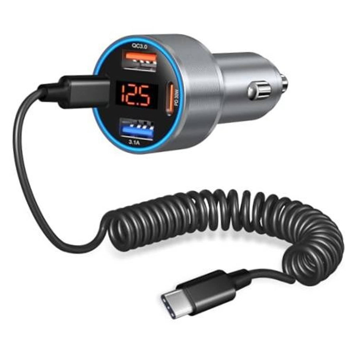 Gray 4-port USB-C car charger with LED voltage display and coiled cable