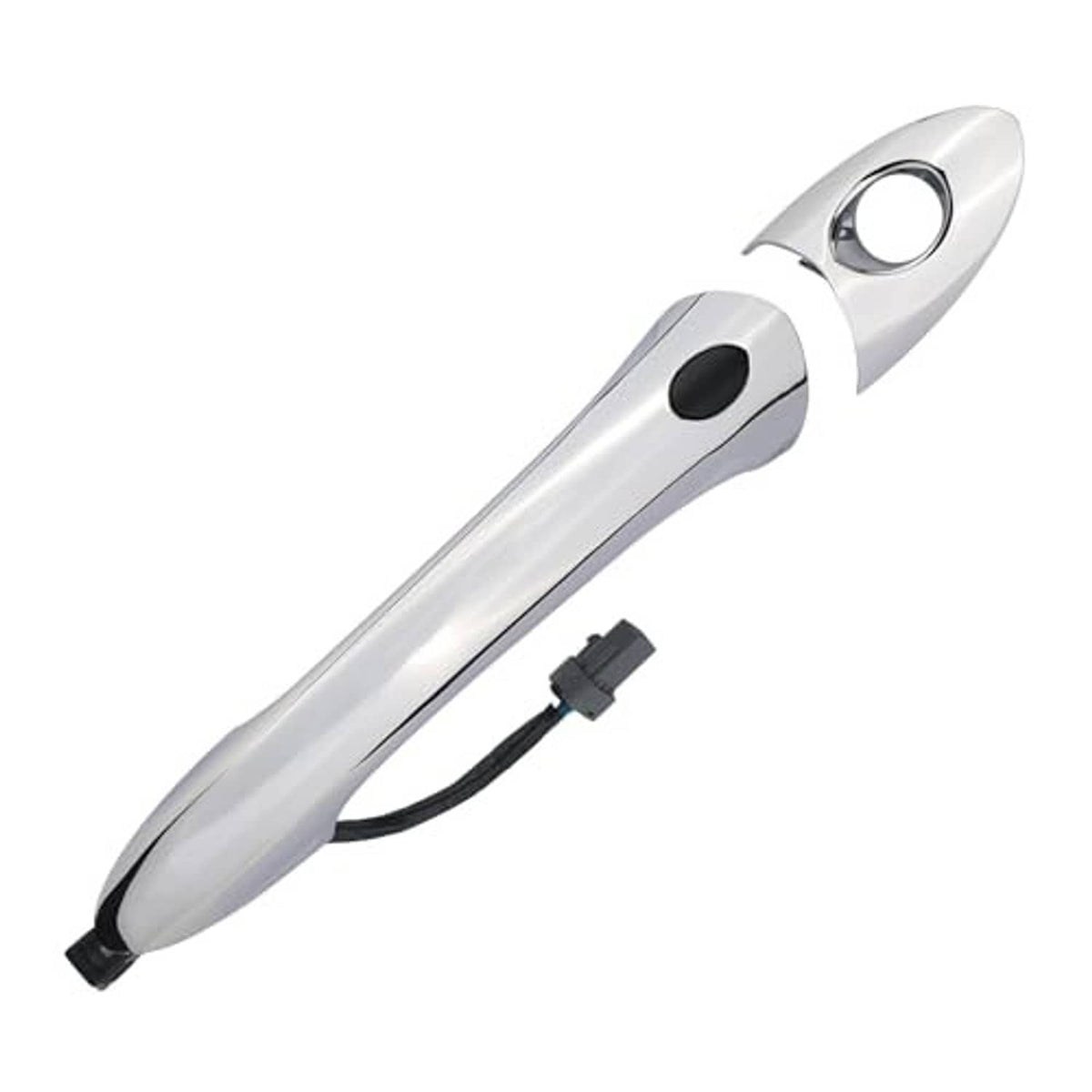 Chrome exterior door handle with keyhole and black wiring connector