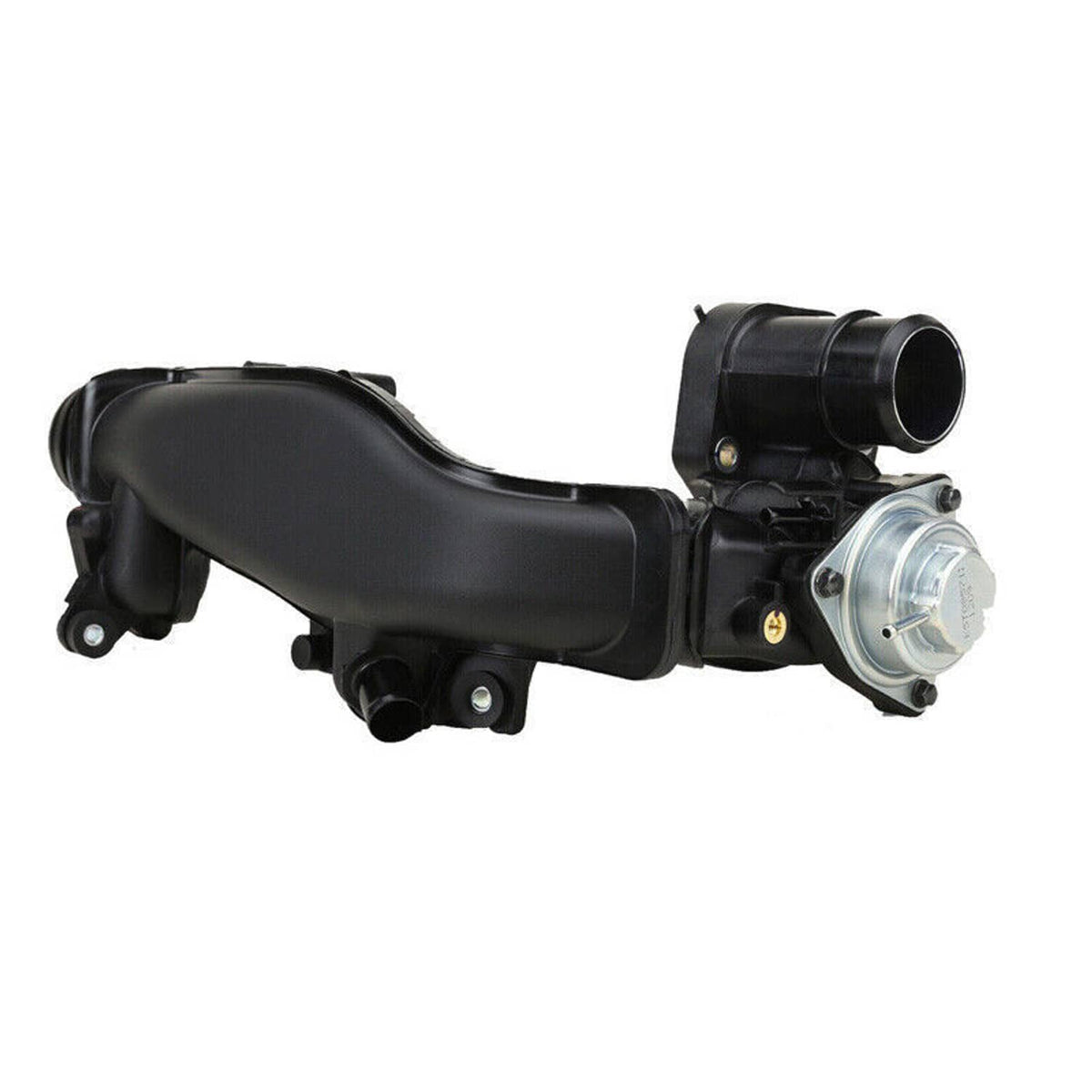 Black charge air pipe joint with silver actuator housing and ribbed inlet hose