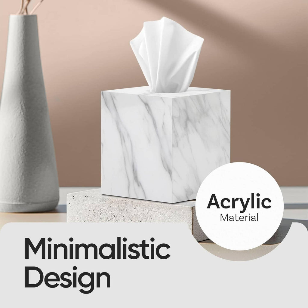 Square white marble-pattern tissue box cover with tissue pieces standing up