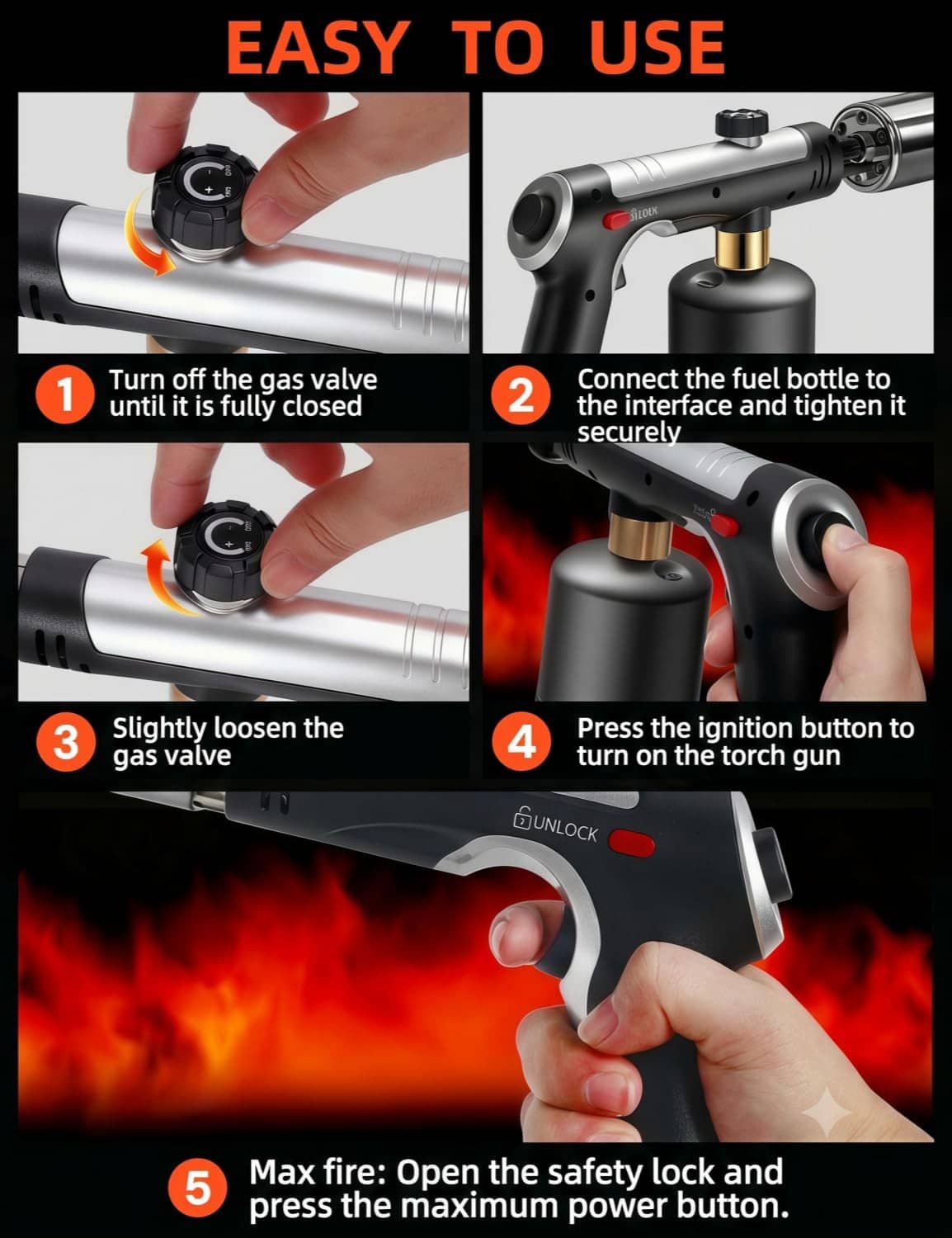 Propane torch gun showing one-touch use steps: connect fuel and press ignition
