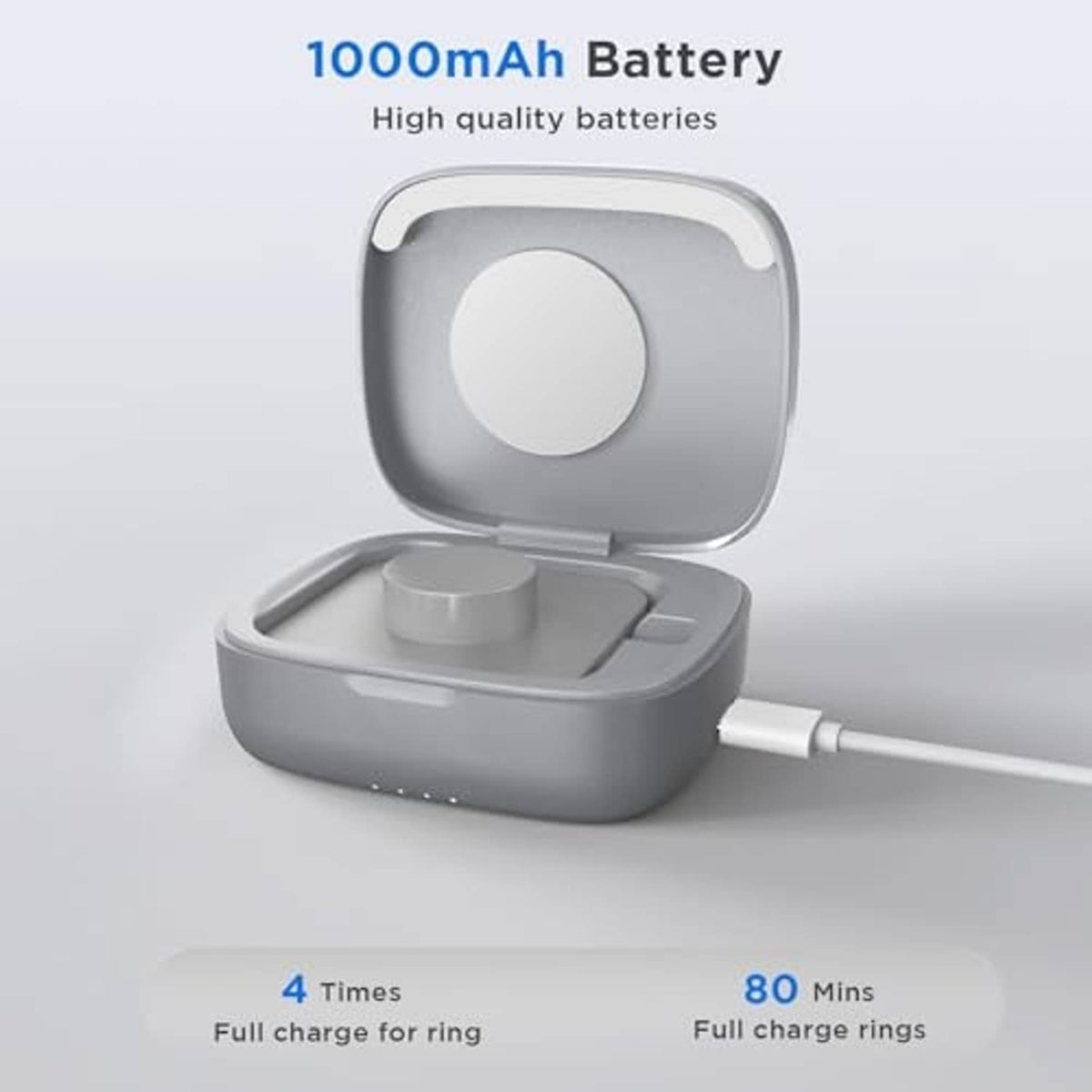 Silver charging case with lid closed and ring placed on the charging dock