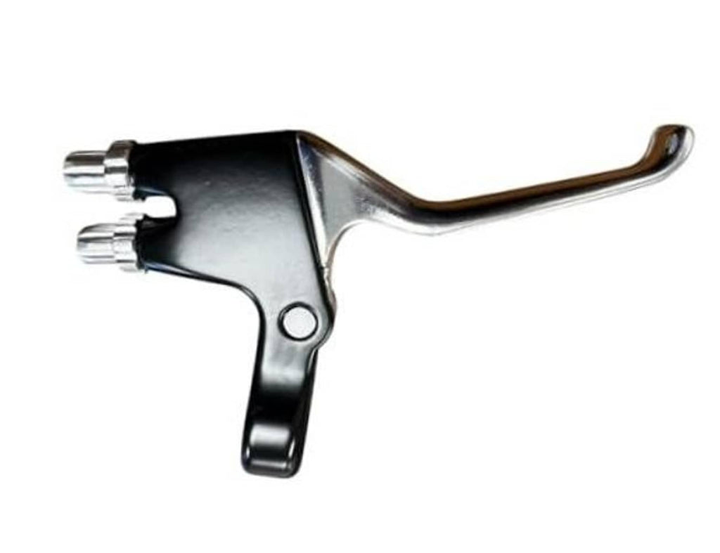 Right-hand bicycle dual-pull brake lever, black alloy body with silver cable fittings