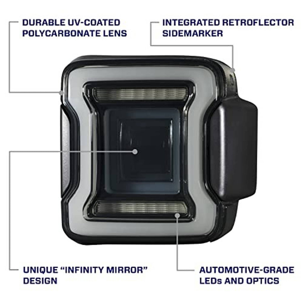 Close-up smoked LED tail light with square lens, dark housing, and integrated light bar