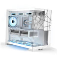 White mid-tower PC case with front glass, dual chamber, blue LED fans and tubing