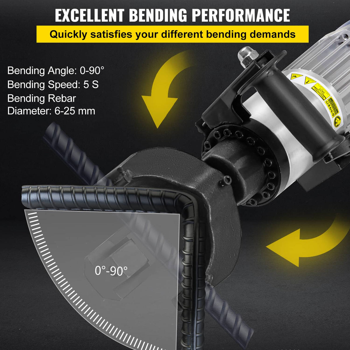 Electric rebar bender showing curved clamping head and bending angle indicator