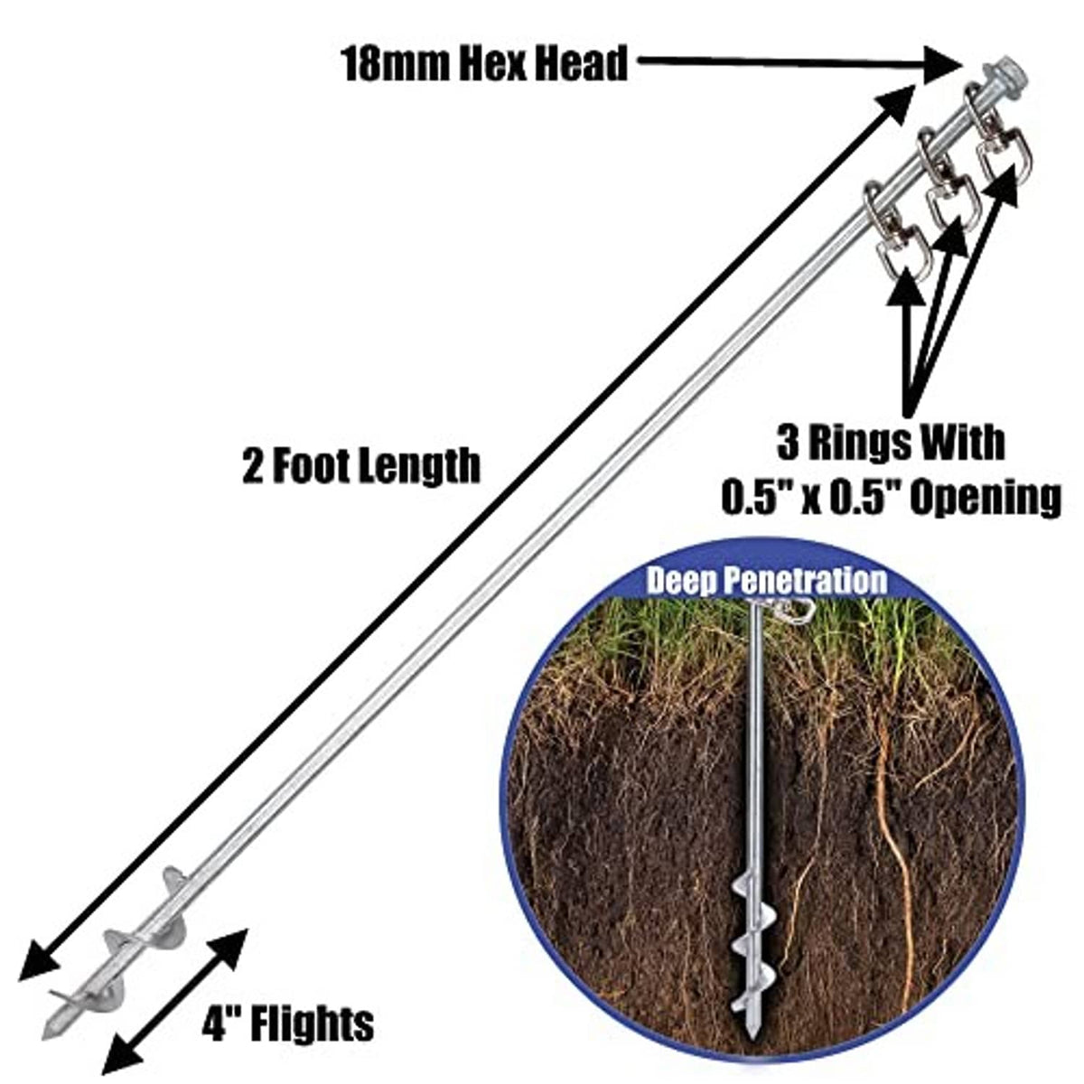 Screw-in ground anchor with 18mm hex head, three-ring design, 2-foot length