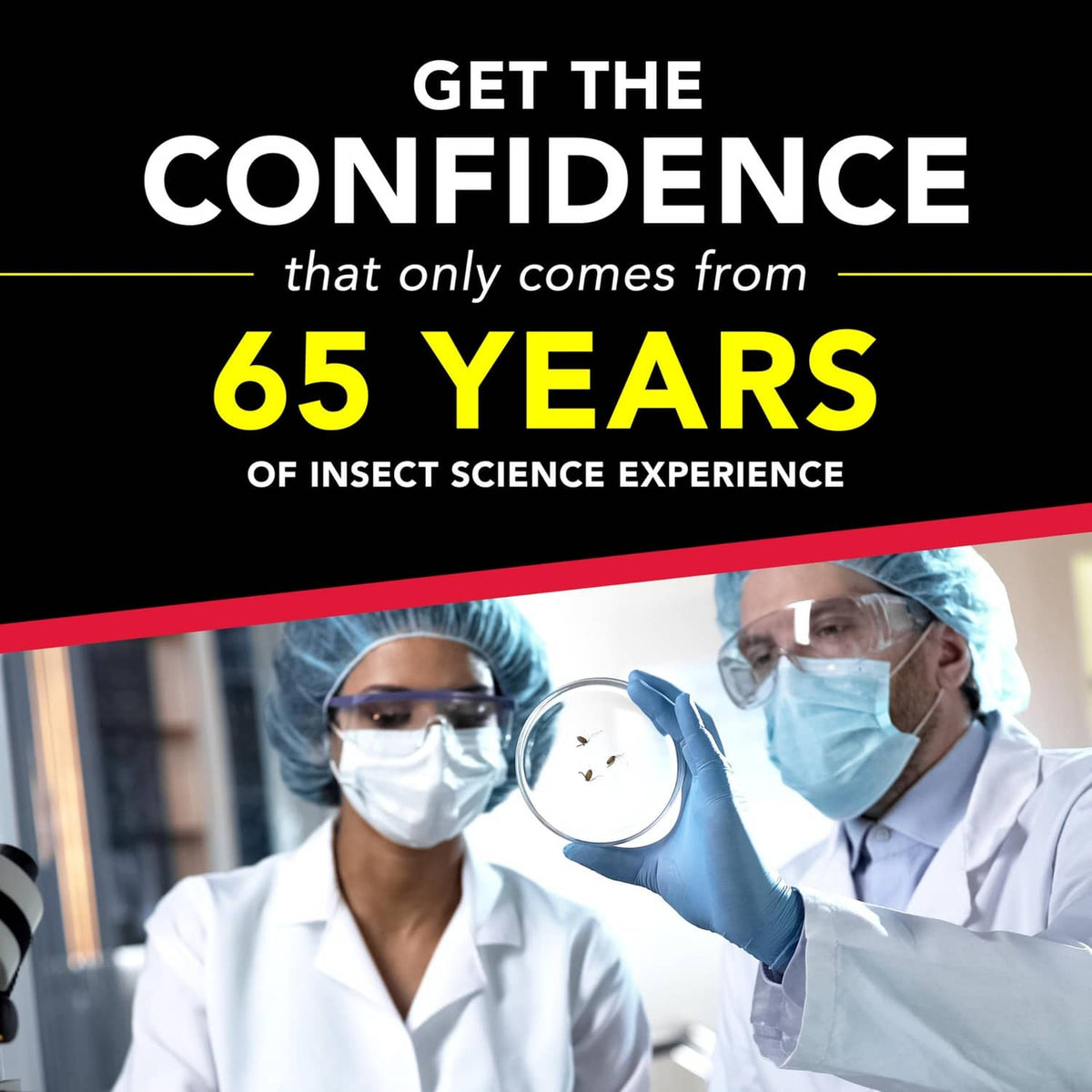 Raid brand protection message with scientists wearing lab coats and masks graphic