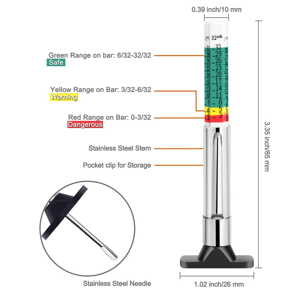Tire tread depth gauge with needle, pocket clip, and green-yellow-red range labels