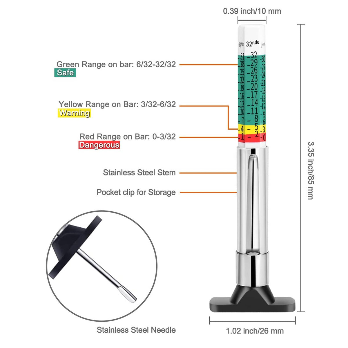 Tire tread depth gauge with needle, pocket clip, and green-yellow-red range labels