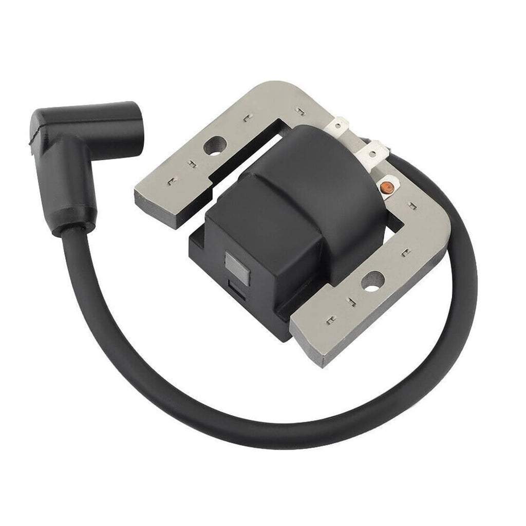 Ignition coil with black module and gray mounting base, side ports and wire leads